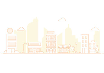Obraz premium Thin line City landscape. Downtown landscape with high skyscrapers. Panorama architecture City landscape template. buildings and store, shop Isolated outline illustration. 