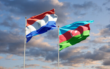 Beautiful national state flags of Paraguay and Azerbaijan together at the sky background. 3D artwork concept.