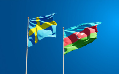 Beautiful national state flags of Sweden and Azerbaijan together at the sky background. 3D artwork concept.