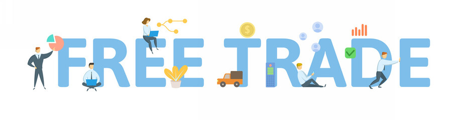 Free trade. Concept with keywords, people and icons. Flat vector illustration. Isolated on white background.