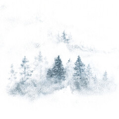 Obraz premium Watercolor foggy forest landscape illustration on white background. Abstract forest watercolor. 