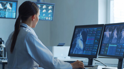 Professional medical doctors are maksing computer research in hospital office. Medicine, healthcare...