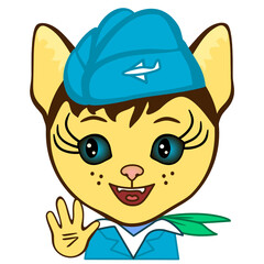 emoji with air hostess smiling & waving her hand, stewardess wearing a fore-and-aft hat, cat simplistic facial expression