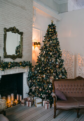 Christmas tree with Christmas toys, lights and garlands
