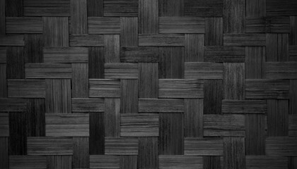 Panorama black weave wood texture for wallpaper background. Panoramic dark black bamboo woven...