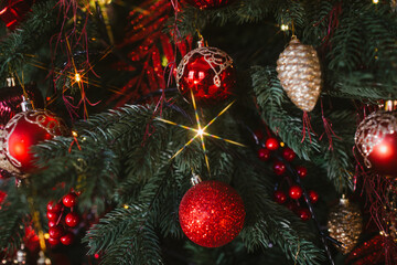Christmas tree with Christmas toys, lights and garlands