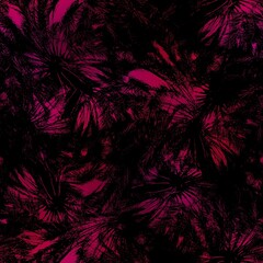 Seamless Miami night tropical pattern black foliage on sunset blur. High quality illustration. Swim, sports, or resort wear repeat print. Dark foreground on blurred background. Dark vibrant colors.