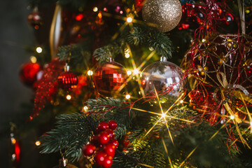 Christmas tree with Christmas toys, lights and garlands