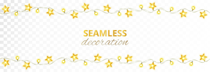 Glowing stars decoration isolated on white. Starry lights seamless border, frame. Holiday ornament vector illustration. Background for party posters, Christmas or birthday cards, wedding design.