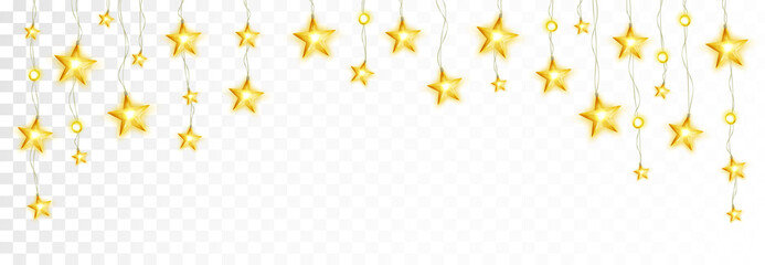 Glowing stars frame decoration isolated on white. Starry lights border. Holiday ornament vector illustration. Background for party posters, Christmas or birthday cards, wedding design.