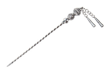 Silver hairpin isolated on white background. Silver twist hair pin decoration with flower design pattern and chains isolated