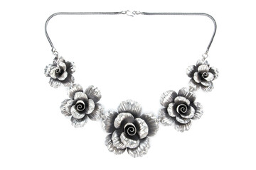 Silver necklace decoration with rose flowers isolated on white background. Silver rose flower necklace decorative