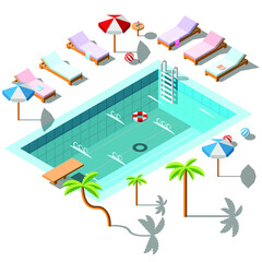 Abstract Isometric Swimming Pool With Water Trees Sun Lounger Umbrellas Vector Design Style