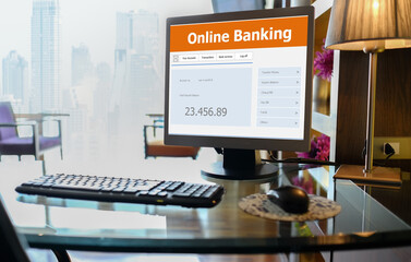 Computer screen displays Online banking technology E-commerce commercial. Customer network connection Concept.
