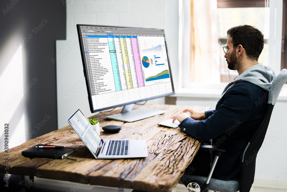 Poster analyst employee using spreadsheet