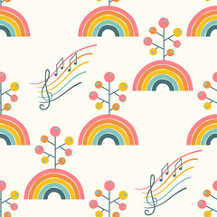 Doodle seamless pattern for music concert or festival. Nature and music. Rainbow, leaves, twigs, musical signs. Wallpaper background, cover.