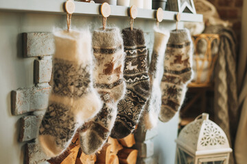 Cozy fluffy wool knitted warm socks with reindeer over the fireplace in the cottage, christmas mood