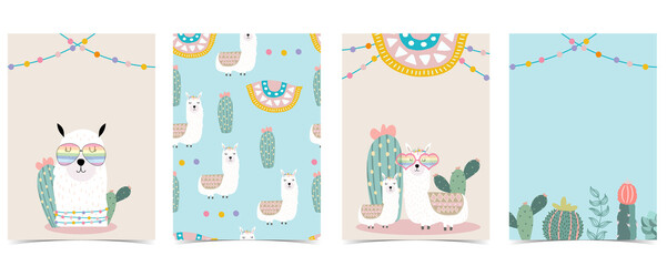 Collection of animal background set with llama, cactus,flower.Editable vector illustration for website, invitation,postcard and sticker © piixypeach