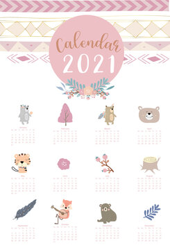 Cute boho calendar 2021 with feather,fox,wild,woodland for children, kid, baby.Can be used for printable graphic.Editable element