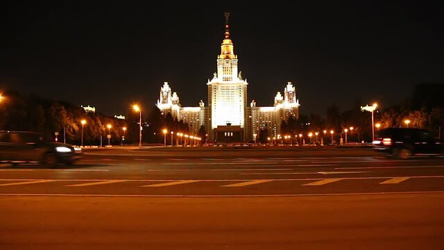 Lomonosov Moscow State University on Sparrow Hills (at night), main building, Russia. It is the highest-ranking Russian educational institution
