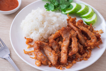 Fried pork with garlic and sticky rice on plate, Thai food