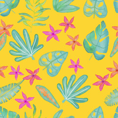 Fototapeta na wymiar digital watercolor tropical leaves and flowers seamless pattern.Isolated on yellow.Green plants, botanical vector illustration, floral design.For gift wrapping, wallpaper, textile, scrubbing, web page
