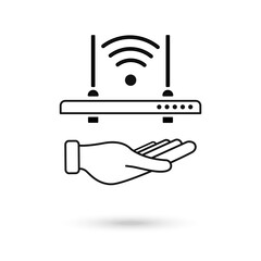 Hand holding Wireless Signal Router Icon. Wi Fi Router Flat Icon. Vector Illustration