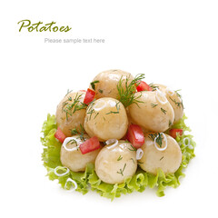 Boiled Potatoes with dill on green salad leaves