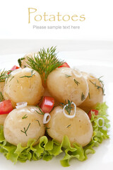 Boiled Potatoes with dill on green salad leaves
