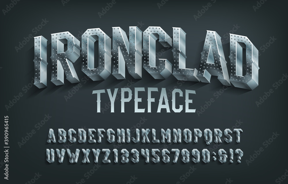 Poster ironclad alphabet font. 3d metal letters and numbers. stock vector typescript for your design.