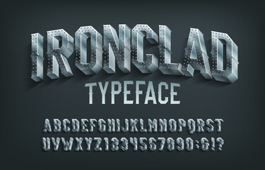 Ironclad alphabet font. 3D metal letters and numbers. Stock vector typescript for your design.
