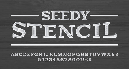 Seedy Stencil alphabet font. Scratched vintage letters and numbers. Wooden background. Vector typescript for your typography design.