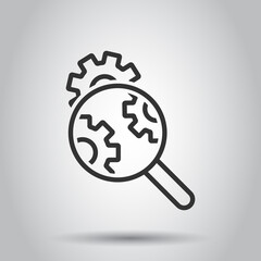 Loupe with gear icon in flat style. Magnifying glass vector illustration on white isolated background. Seo exploration business concept.