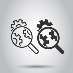 Loupe with gear icon in flat style. Magnifying glass vector illustration on white isolated background. Seo exploration business concept.