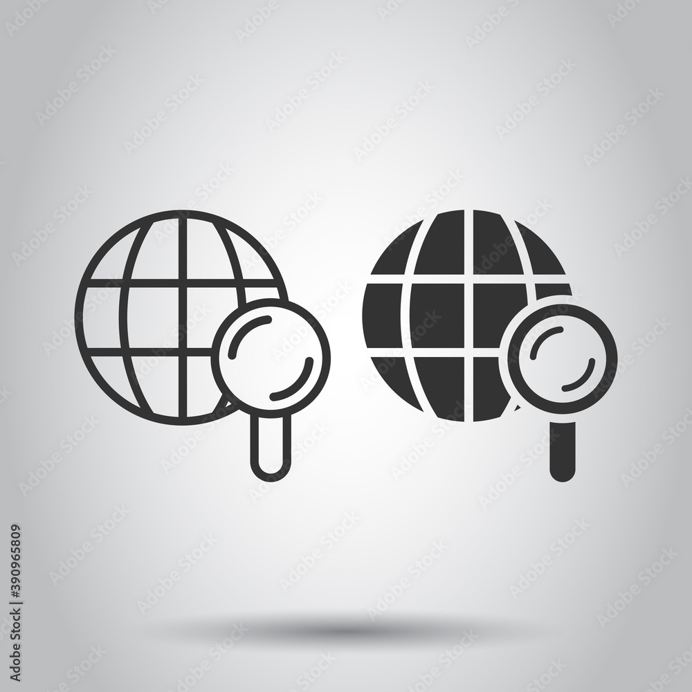 Poster globe search icon in flat style. network navigation vector illustration on white isolated background