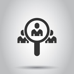 Search job vacancy icon in flat style. Loupe career vector illustration on white isolated background. Find people employer business concept.