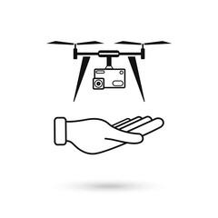 Hand holding Drone quadcopter icon on white background for graphic and web design, Modern simple vector sign. Flat design. Vector Illustration