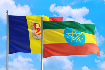 Ethiopia and Andorra national flag waving in the windy deep blue sky. Diplomacy and international relations concept.