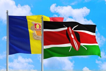 Kenya and Andorra national flag waving in the windy deep blue sky. Diplomacy and international relations concept.