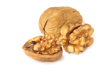 Walnut with half and whole core isolated on the white