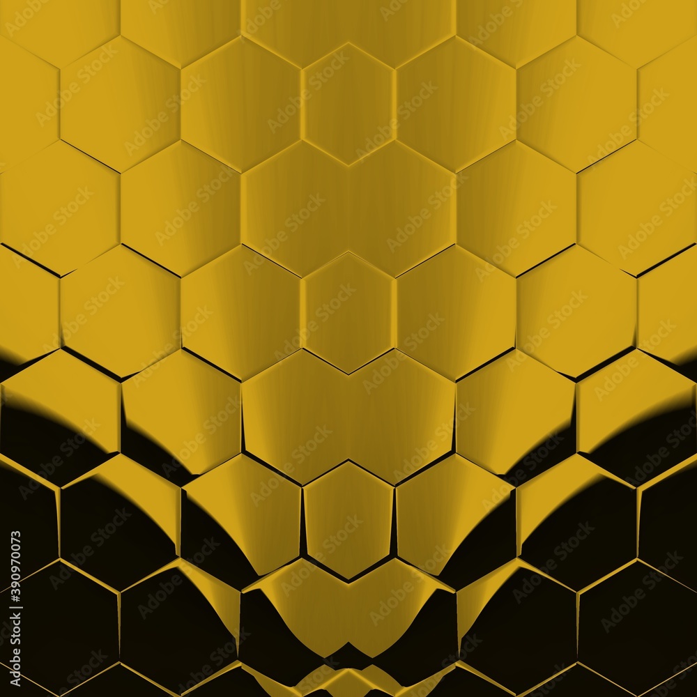 Poster black background with strong gold geometric hexagonal mosaic designs and patterns