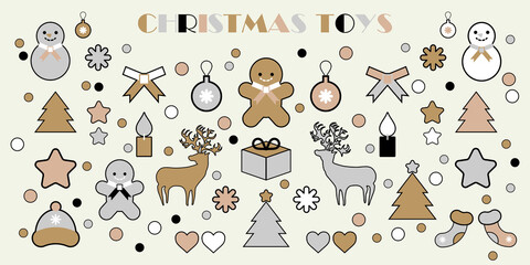 Set: Christmas toys. Happy new Year's holiday. Gold, silver, white, and black colors. Vector illustration for web design or print.