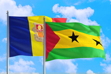 Sao Tome And Principe and Andorra national flag waving in the windy deep blue sky. Diplomacy and international relations concept.