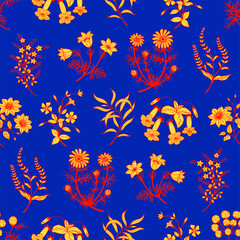 Fototapeta na wymiar botanical seamless pattern of plants and flowers for fabric, paper. Vector stock illustration eps10. 