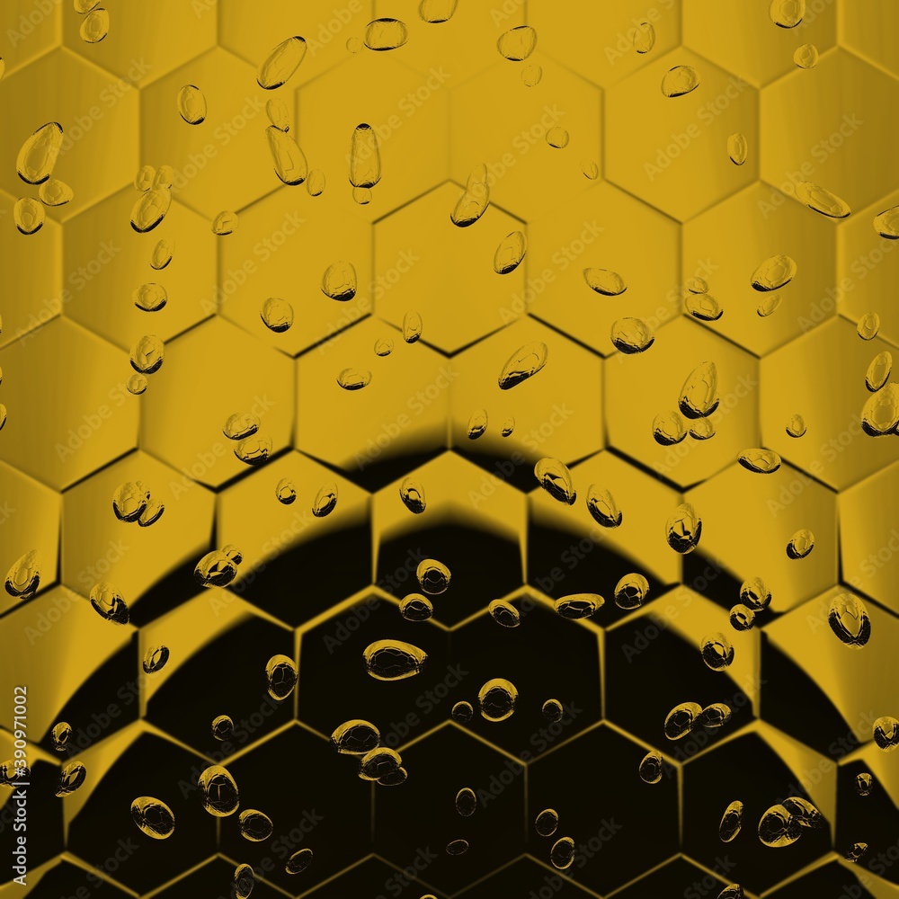 Poster black background with strong gold geometric hexagonal mosaic designs and patterns