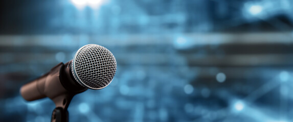 Public speaking backgrounds, Close-up the microphone on stand for speaker speech at seminar room...