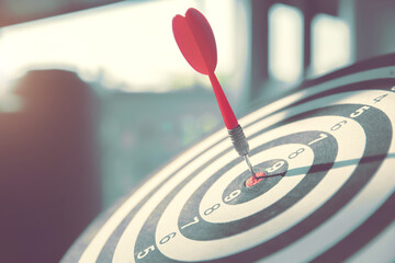 Bulls eye or dart board has red dart arrow throw hitting the center of a shooting target for...