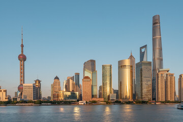 Sunset view of Lujiazui, the financial district in Shanghai, China.