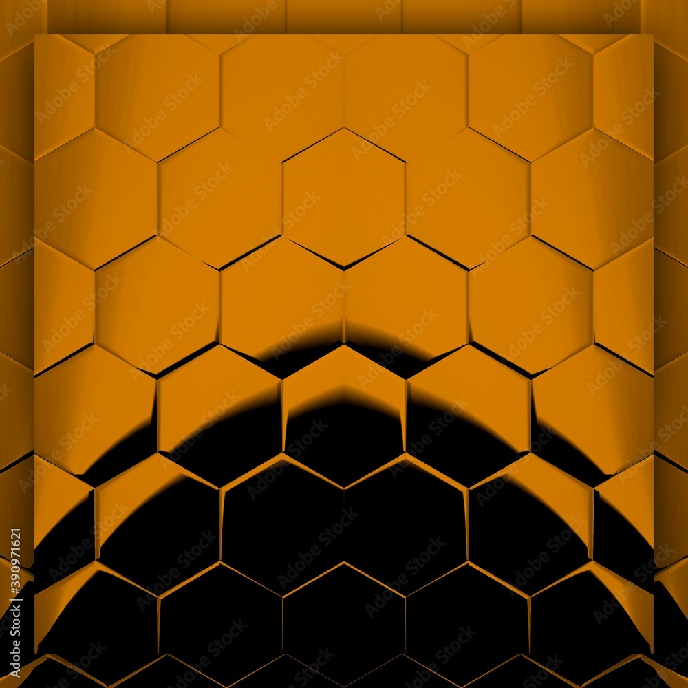 Poster black background with strong gold geometric hexagonal mosaic designs and patterns