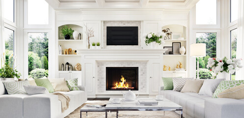 Luxury white living room and fireplace interior design in a beautiful home